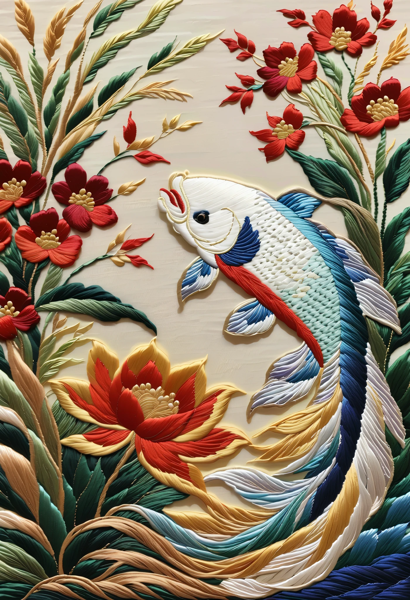 ( Embroidery work),Thin and Agile Fish, Background and :plant, spray ,Traditional Chinese Colors,Low saturation,Level Composition, leave blank ,Silver Silk Thread,Shiny Silk Thread,Silk Textures,Delicate Needlework, brighter,Shiny Suzhou Embroidery,New Craft Brushes,Chen Jialing, Textured Matte ,,Dazzling Light and Shadow,Song Huizong,