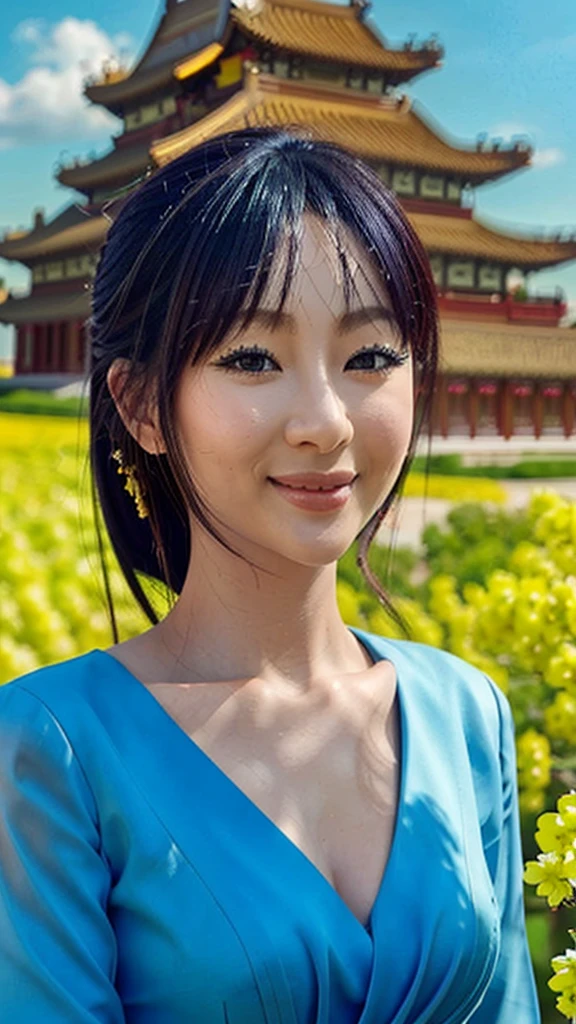 original photo, 8K Ultra HD , high detail skin, Beauty, (30 years old), Chinese, big eyes, Rule of Thirds, masterpiece, photography, hyperrealistic, full body, Crew Neck,Blue dress character,中国Rural, outdoors, Prime Time , portrait, Smile, long black hair, rock degree, (Hamburger:1.1), Rural, Sky, cloud,Rape blossoms , ( Extremely Detailed Accuracy:0.7),(film particles:1.1), 8K Ultra HD , digital SLR camera, soft light , high quality