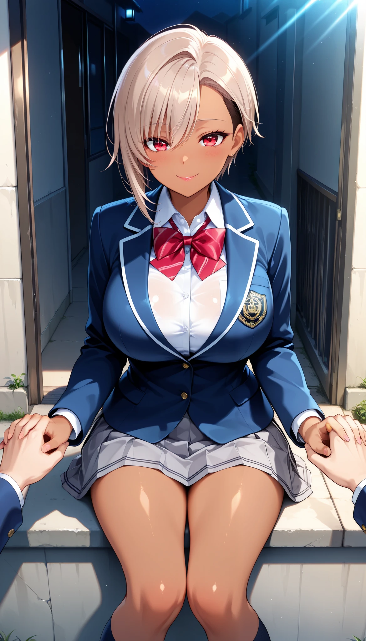 1 young woman :1.2, ( brown skin:1.6,  red eyes), (worries, Expecting Smile), light brown hair, short hair, right side undercut,  asymmetrical hair,  beautiful eyes,  beautiful lips, very detailed目と顔, long lashes, beautiful big breasts, Beautiful Kurodan :1.4, (school uniform,  navy blue blazer, shirt, Red bowtie, Grey Pleated Skirt, beautiful big breasts, perfect face, perfect hand, perfect legs,  perfect fingertips, outstretched hand, Holding hands,  Lover Ties, (School gate, sit in front of the school wall),  front view,  reach out:1.2, (face close-up in front of the schoolhouse wall),  school background, Glamorous Light ,  light shining in , (Highest quality:1.2, very detailed, CG illustration, Soft Focus, masterpiece:1.2, Aesthetics at its best),