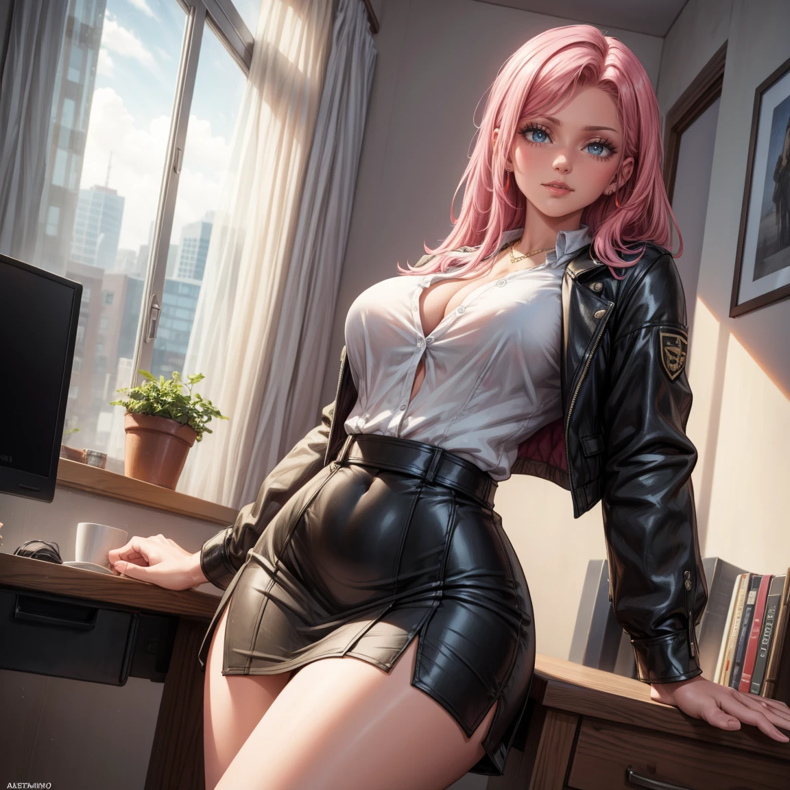 (hight resolution, High quality:1.3), Intricate details, Cinematic lighting, Sharp Focus, depth of fields,
ingridms, 1girl in, Solo, maturefemale, dark skinned female, Dark skin, Full body, Sitting, on Office chair, crossed legs, Office, window, (Eyewear Hands:1.1), Read the newspaper, Office table, a computer, window, sky
determined,
Pink hair, (Single hair bun:0.9), Glasses, Red-framed eyewear, Bangs, makeup, lip stick, (mole under mouth:0.8), Eyelashes, Yellow eyes, Detailed eyes, Perfect face,
(Secretary:1.2), Striped jacket, Bra, (Striped skirt:1.1), fishnets pantyhose, high-heels,
Large breasts, cleavage, areolae slip, (Nipple slip:0.8),