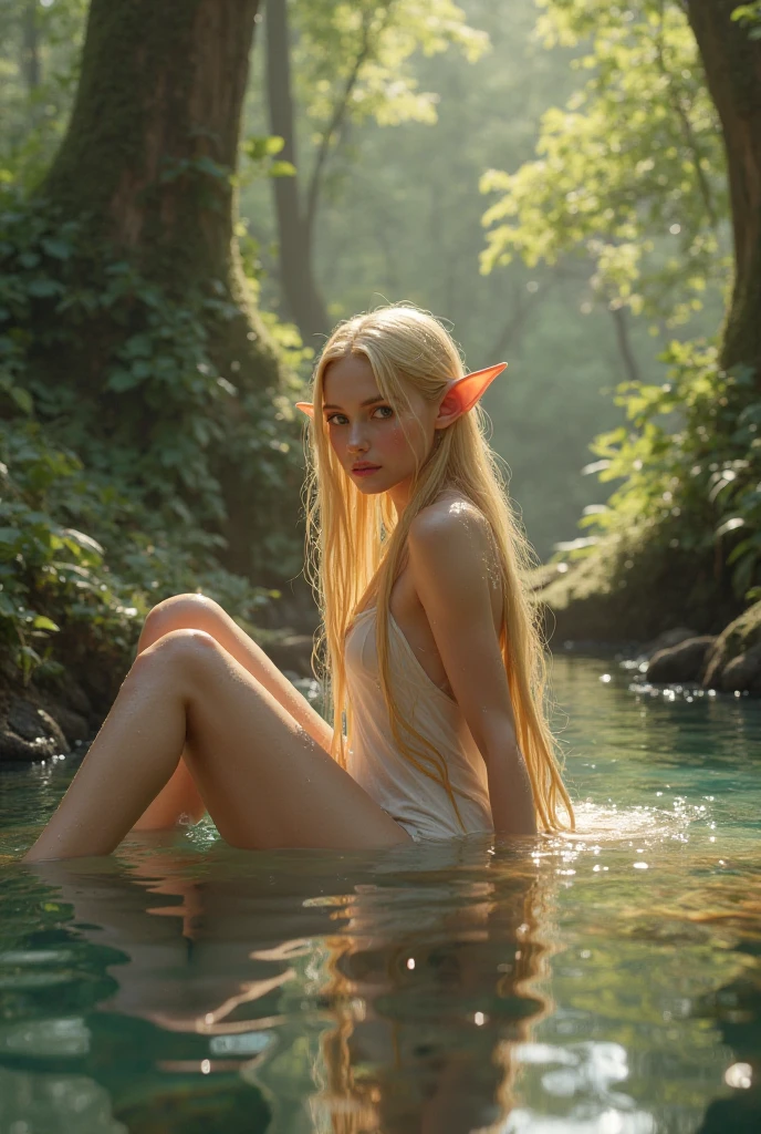 photo-realistic image of ((a beautiful nude elf woman with fair skin)), (light blonde hair), and striking blue-green eyes. Elaria, an elven priestess of love, stands under a small waterfall. Water cascades down her long, straight light hair, shimmering under the sunbeams filtering through the tree canopies. She tilts her head back, closes her eyes, and relaxes, enjoying the coolness of the water on her light skin. The water accentuates the perfect curves of her body, flowing smoothly over her shoulders and back. Around her neck is a decoration in the shape of a translucent white orchid. The waterfall is surrounded by a dense forest full of greenery and flowers, and at her feet, small colorful stones glisten. The waterfall forms a small, clear lake, surrounded by moss and ferns, creating a perfect natural bath.