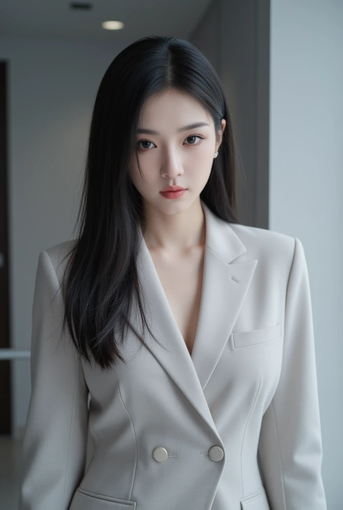 Black long straight hairstyle for large breasted young women in suits