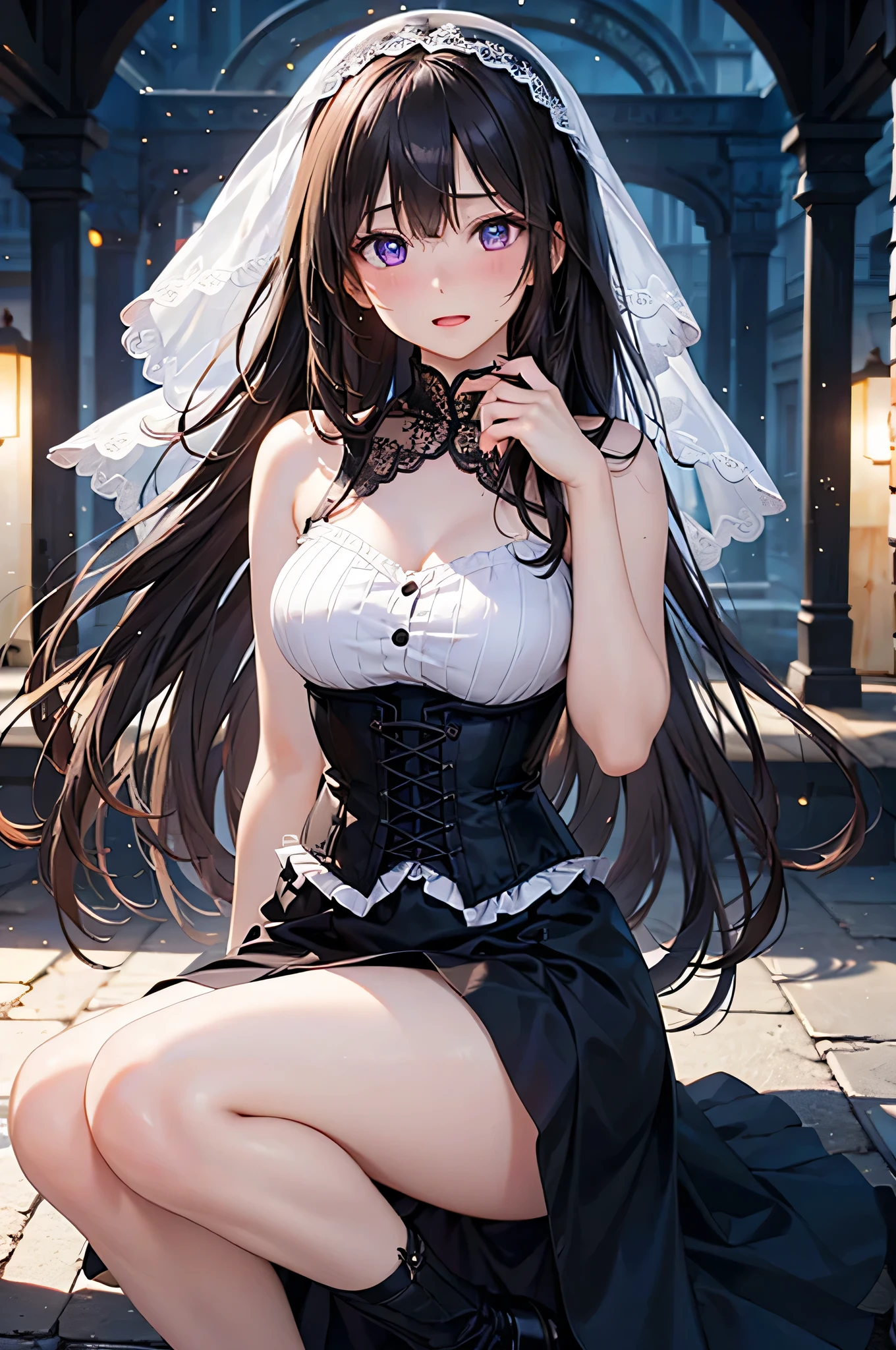 1 girl, Young and beautiful women,Perfect female body, eye looking to camera, black hair, Wearing wedding dress,(Hands are handcuffed,Handcuffs), chains, sitting on ground,frown,angry, prison cell, indoor, brick wall, ray tracing,