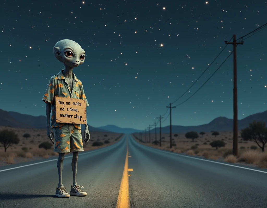 a Gray alien standing by the side of the road at night, holding a cardboard sign that has written on it "NEED RIDE TO MOTHER SHIP", the alien is wearing sneakers and Bermuda shorts and an open Hawaiian shirt, night-time, starry sky