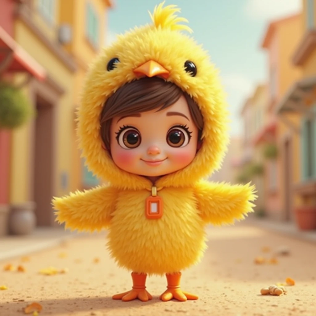 A teacher in a cute chicken costume in her classroom area