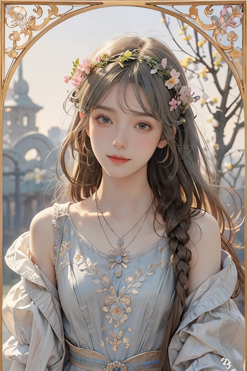 (detailed oil painting of a beautiful woman), rough touch, focus on face, (small smile with calm, kind and bright expression), ((silver grey brown almost straight medium long hair!)), ((close up)), shiny skin, glossy lips, ((casual pastel colored spring clothes)), (spring outfit), (smart figure), small necklace, soft spring sunlight, small spring flowers of various colors, young leaves on trees, striking portrait, use of contour, clean line drawing, fine and intricate details, bright primary colors used partially as accents, floral frame, Art Nouveau frame, Art Nouveau decoration, floral decorative panel, fine and intricate details, (Alphonse Mucha compositional style), muted colors, impressionist style, stress-free mixed media masterpiece, amazing!, beautiful!,