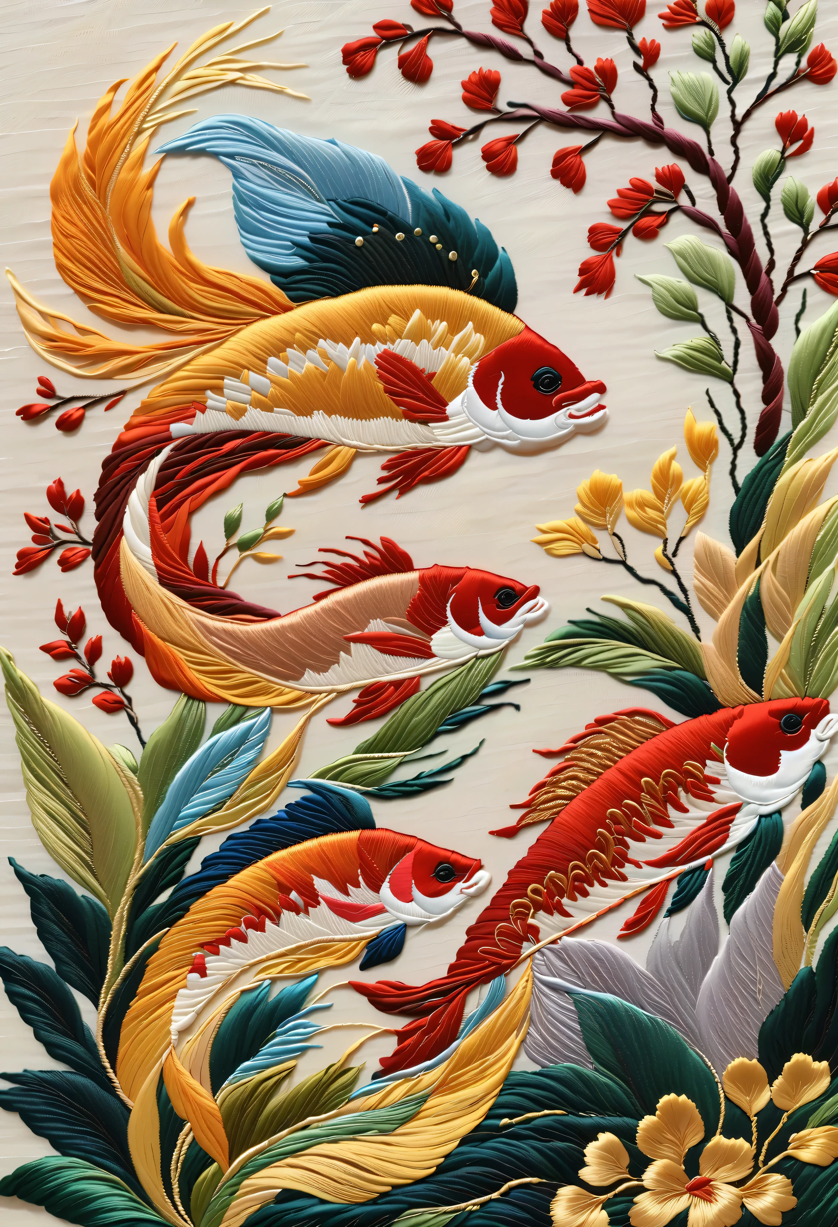 ( Embroidery work),Thin and Agile Fish, Background and :plant, spray ,Traditional Chinese Colors,Low saturation,Level Composition, leave blank ,Silver Silk Thread,Shiny Silk Thread,Silk Textures,Delicate Needlework, brighter,Shiny Suzhou Embroidery,New Craft Brushes,Chen Jialing, Textured Matte ,,Dazzling Light and Shadow,Song Huizong,