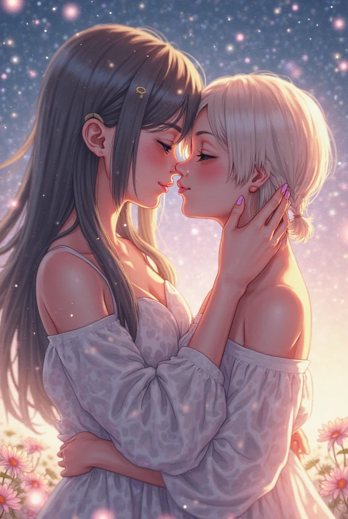 best quality, 32k, RAW photo, incredibly absurdres, extremely detailed, delicate texture, two women, kissing on the cheek, smiling shyly, cute, beautiful, (medium messy wavy hair) and (short pixie cut), background ‘pastel color, motion-blur, action-lines, professional lighting, watercolor art drawing:1.4)