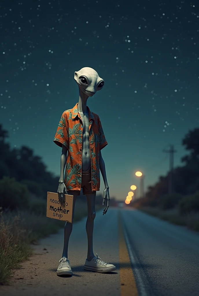 a Gray alien standing by the side of the road at night, holding a cardboard sign that has written on it "NEED RIDE TO MOTHER SHIP", the alien is wearing sneakers and Bermuda shorts and an open Hawaiian shirt, night-time, starry sky