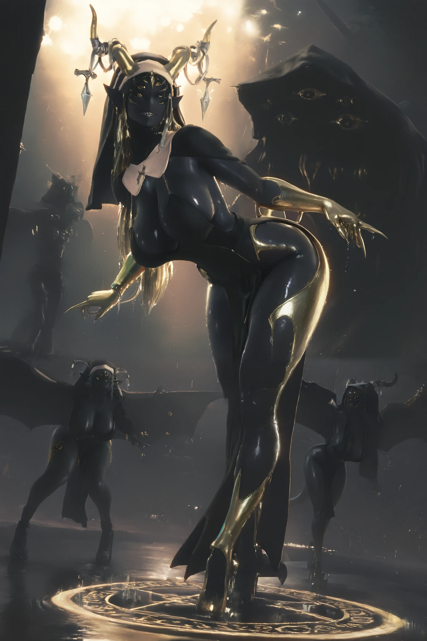 HDR, 8K, high contrast, masterpiece, best quality, amazing quality, very aesthetic, anime artstyle, realistic, hentai art, newest, (artist:incase:0.5), (artist:tsuaii:0.5) ,
BREAK
shiej007, bounce light, hyperdetailed, detailed hair strands, detailed fibers,
portrait, masterpiece, semi-realism,painterly, vivid colors,
3d, x3d, 1girl, Eldritch abomination, anthropoid, goddess, alien, solo, haunting beauty, impossibly beautiful, eldritch beauty, (no nose:1.3), long neck, tall, voluptuous, massive hips, tail, face markings, golden face, (black body , black skin), glossy skin, big long horns, wings, multiple eyes, sharp teeth, black sclera, tribal, hooded, (glowing golden tattoos , tribal tattoos), tribal marking, (multiple eyes , four-eyes:1.3), slim waist, massive breasts, perfect breasts, long legs, thick thighs, deep cleavage, dynamic angle, horn ribbon, decorative silver ribbon, convenient censor, golden lips, claws, long fingernails, strange liquid rain, long hair, plunging neckline top, silver pelvic curtain, nun's habit, wet clothing, golden skin highlights, long pointy ears, bent over, leaning forward, hips elevated, dancing, casting spells, mystical gesture, casting magic, magic circle masterpiece, best quality, amazing quality, golden lights, dark lighting, godrays