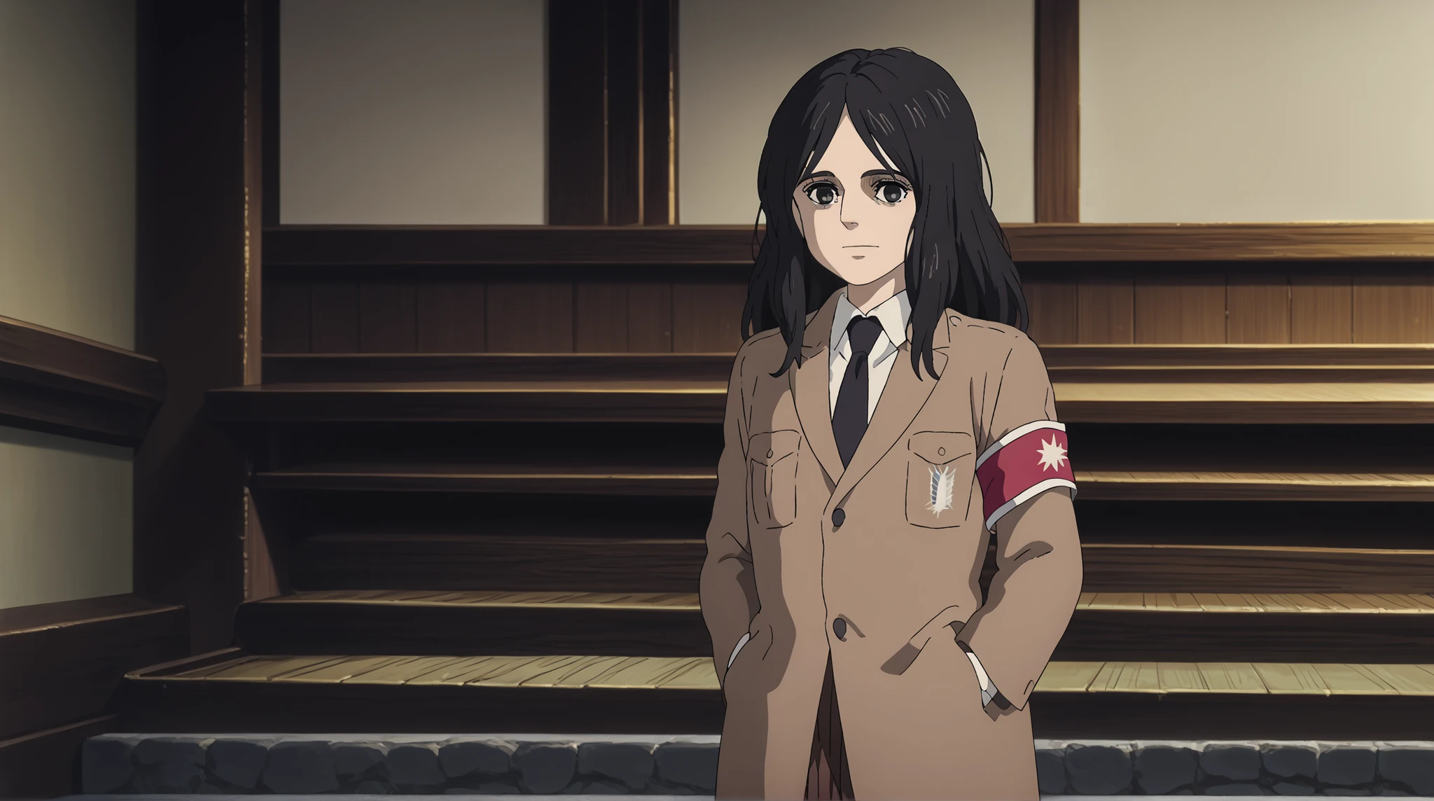 ghibli_style, score_9, score_8_up, score_7_up, anime screencap, BREAK
1girl, pieck, pieckeldian, black hair, long hair, black eyes,
armband, breast pocket, brown coat, pleated brown skirt, long skirt,
closed mouth, collared shirt, long sleeves, necktie, boots,
hands in pocket, standing, smile, looking at viewer, solo,, Village background