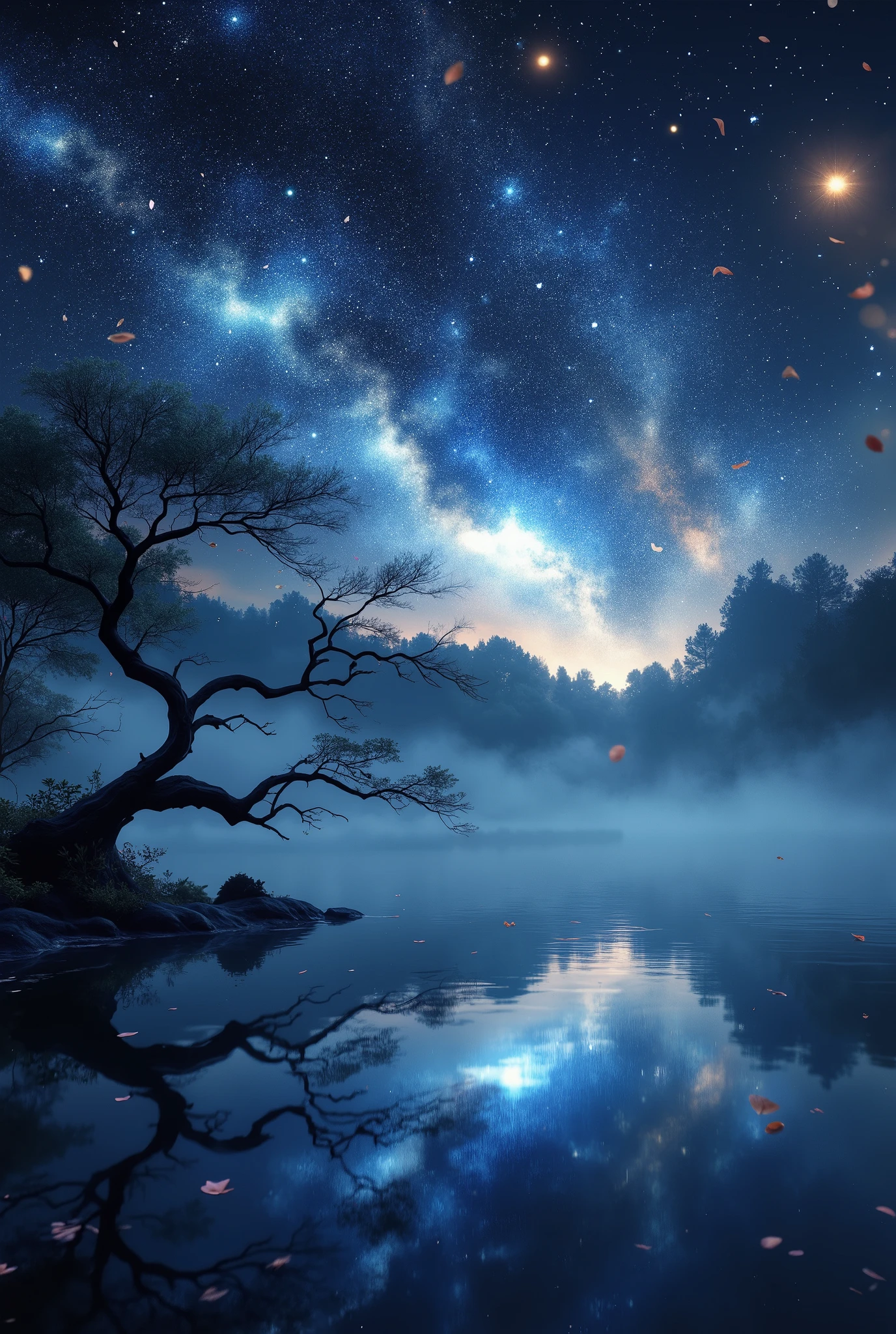 beautiful fantasy, fantasy style, maximum details, Best quality, complex details, high resolution, maximum quality, Masterpiece , 8 k, Beautiful painting , night sky, stars, Beautiful Reflection on the water, Mysterious Trees making the bridge, You can see Beautiful Petals that fly, Misty haze over the lake along the coast, very beautiful and Detailed, wallpaper, high-class picture,