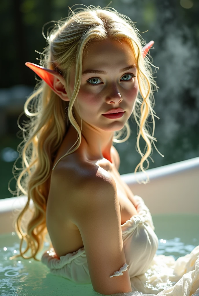 1910s analog film photograph, colorized photo of an elven maiden, 18-years-old, amazonian stature, thick-fit hourglass figure, busty breasts, toned, athletic, wearing a bralette and a sarong, warm almond complexion, pointy elf ears, platinum blonde hair, cyan eyes, wild shaggy bob cut, resembles Taylorr Swift, posing in a steamy subterranean bathhouse, damp clothes, wet skin, dripping matted hair, RAW Photograph, dslr, soft lighting, high quality, film grain, Fujifilm XT3, detailed skin with visible pores, insane details, masterpiece, 8k, 35mm photograph, faded film, desaturated, grainy, vintage, Lomography, stained, highly detailed, found footage, long elven ears
