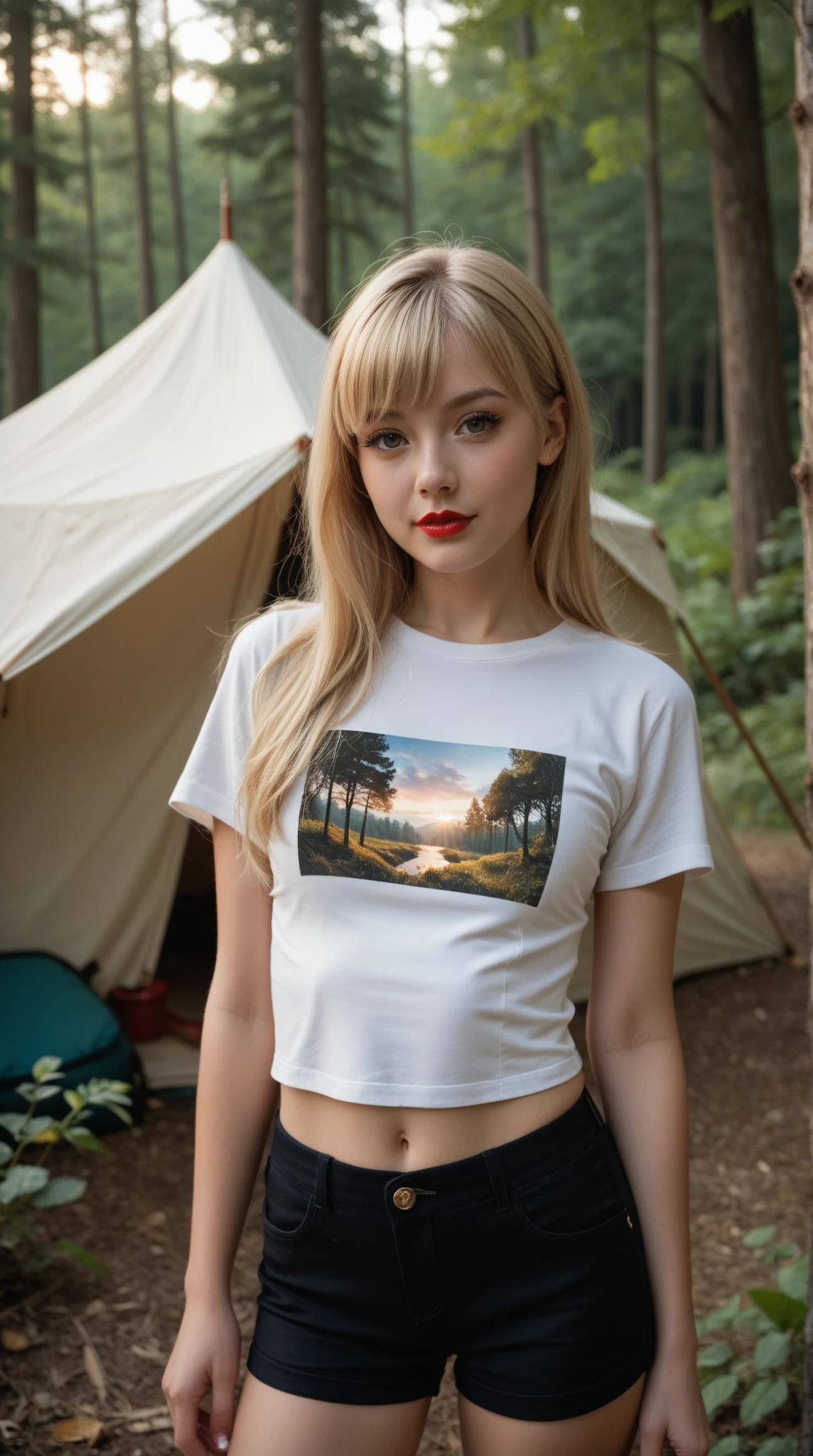 24 year old girl, In the taiga, sunglasses, t-shirt, thong, seductive smile, Dirty skin, super skinny, very detailed, detailed face, long blonde hair, rachel cook, dynamic camera, long torso, tanned skin, small breast, small waist, pony tail 