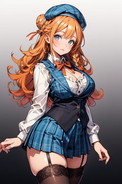 (cowboy shot: 1.5), (white background, simple background: 1.5), (masterpiece:1.5), (big breasts: 1.5), (1 girl: 1.5), young woman, (Beautiful Girl:1.5), (extremely detailed and delicate anime face and eyes:1.5), whole body, (natural light, HDR, extremely details CG:1.3), (dynamic posture:1.3), {correct body anatomy}, (wide hips: 1.3), (perfect hands: 1.5), single focus, toned body, Beautiful Lips, thick lips, {surreal}, {correct posture}, {minutes details}, {detailed body}, {detailed clothing}, (Bright Eyes: 1.3), (cleavage: 1.3), {accessories}, {sexy}, high school girl, (Short blazer: 1.5), (recruit shirt: 1.3), long sleeves jacket, (open blazer: 1.5), (puffed sleeves: 1.3), wide sleeves, (school dress: 1.5), (pleated skirt: 1.5), (skirt with lots of frills: 1.5), (gingham pattern skirt: 1.3), (black legwear: 1.5), black thighhighs, (Hakama bow: 1.3), bowtie, hair flower, (black high heel boots: 1.3), jewelry, earrings, hairband, (long hair: 1.5), (two-tone hair: 1.5), (peach hair with blue streaks: 1.5), hair loop, (long side ponytail: 1.5), (one side up: 1.3), very thick hair, (hair between eyes: 1.3), glowing hair, (bright orchid eyes: 1.3),
