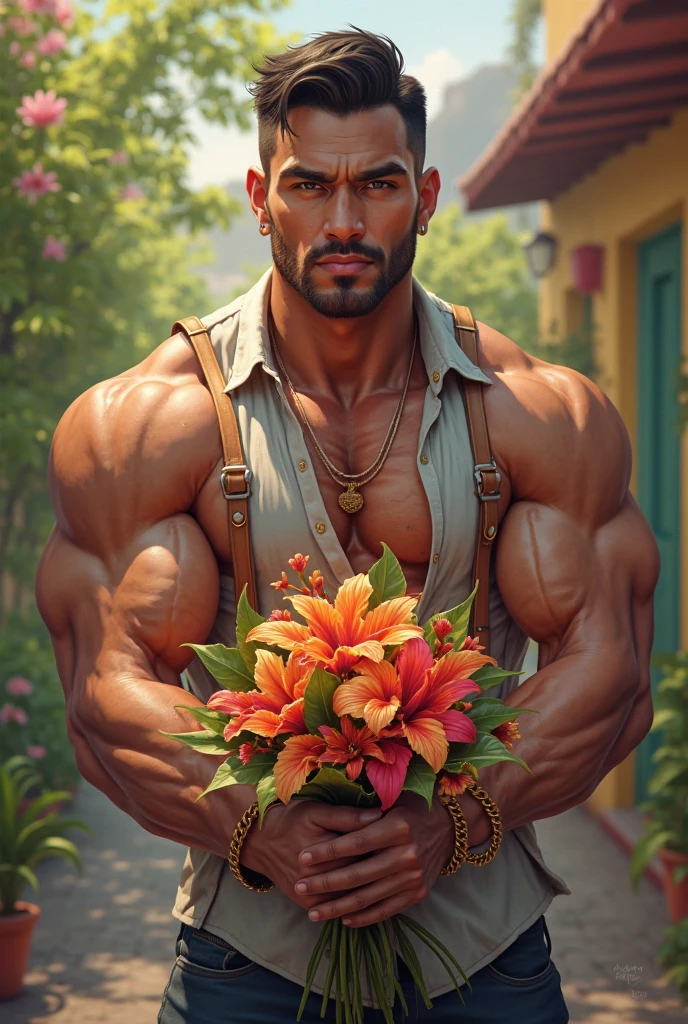 muscular nude man, detailed anatomy, beautiful red rose, photorealistic, hyper detailed, cinematic lighting, dramatic shadows, chiaroscuro, Renaissance style, glowing skin, realistic skin texture, highly detailed face, piercing eyes, intricate details, lush environment, moody atmosphere, natural lighting, vibrant colors
