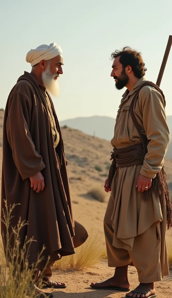 Ancient persia farm. Angry rich man yelling with anger at poor man farmer crying.