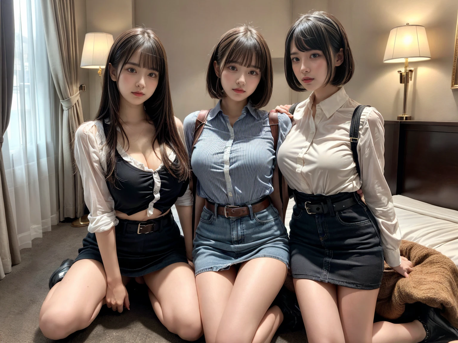 absurderes, Raw photo, Extremely delicate and beautiful, masutepiece, Best Quality, Ultra High Resolution, 16 K, hyper realisitic, Ultra-detailed, (Perfect Anatomy), super detailed skin, Perfect figure, Very detailed CG 8k wallpaper, in her 20s, Very slim body, Narrow waist, Very small head, Very small face, Delicate facial features, tear moles, Mole on chest, Earring, thin legs, (very massive round chest), (((3 girls))), Full body shot, Short hair, Wavy Hair, ((School uniform)), Sleeveless, Navel, cleavage, plein air,