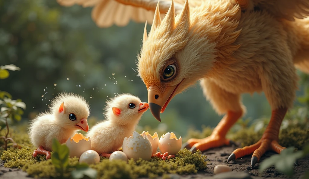 ((Griffin)), an animal with the head and wings of an eagle and the lower body of a lion, a mythical animal, a griffin chick hatching from an egg, peeking out from the egg, very cute, ((The parent griffin approaches with its face))