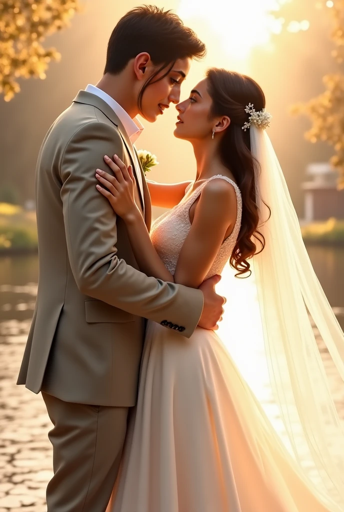 ltra-detailed,highly detailed,best quality,masterpiece,illustration,realistic,photorealistic,
hhhh, 1girl, 1boy, hetero, bride, husband and wife,
dress, veil, wedding dress, bridal veil, formal, suit, wedding, tuxedo,
imminent kiss, from side, standing, face-to-face, looking at another, hug,
backlighting, couple, ocean, sunset, water, outdoors, beach, horizon, sunlight, sun, sky, reflection,
<lora:hhhh_v1_08:0.9>
