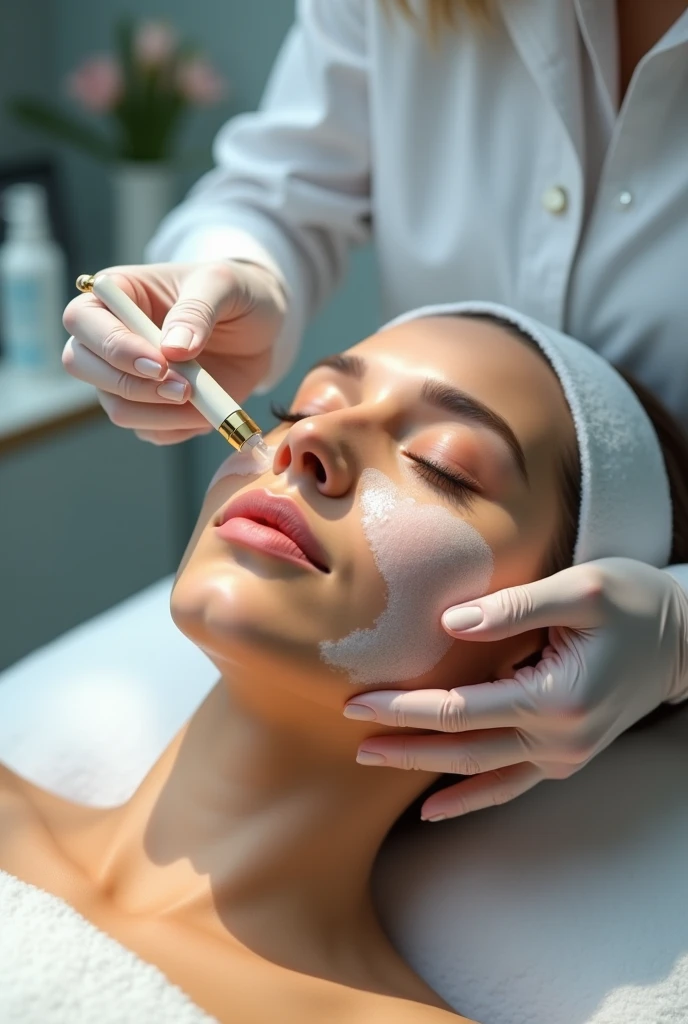 someone is getting a Facial injection from a doctor, ultra Facial detail, exquisit Facial detail, symetrical Facial, Facial precision, Facial closeup, Facial beauty, symmetrical Facial, clear Facial details, Facial, exquisite Facial detail, focus on Facial - detail!!!!!!, accurate Facial detailing, Photo shoot for skin care brand, skin care, Blistering skin