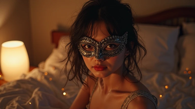 ((thick lips:1.6)), Lace blindfold, ((LONG HIJAB)), ((Flat chest:1.7)), (dynamic photograph of a 58 year old Indonesian woman), (highly detailed face:1.4), (vascular muscles and abs:1.3), (background inside light (8k, uhd, dslr, high quality, cinematic lighting, bokeh), (dramatic, award winning photography, incredible masterpiece:1.3), (((sexy sultry stare at camera:0.8))), close up, ((she is ready to dominate you:0.5)), ((beautiful feminine face)), add_detail:, big breasts,no bra) lace yellow fluorescence , from behind view, seductive pose, on bed, straddling ,