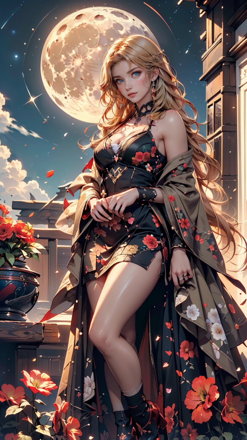 The god of autumn is drawing autumn leaves fireworks in the sky. Her dress is made of fallen leaves, and she has branch antlers on her head. 8k , HD, highly detailed, realistic, photography, photo realism, --ar 9:16 -- at 6.0 --s 750,19 years old, alone, Long Hair, View your viewers, Blonde, Brown eyes, gem, whole body, Realistic, Sexy、Big Breasts 、stockings、clip on earrings,during,bracelet、embarrassed,blush,teache