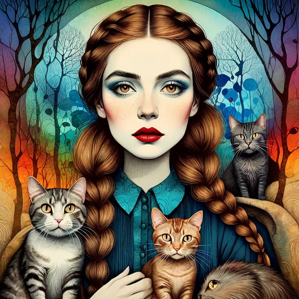 Collage patcwork illustration using stunning color, bleeding ink, drawing on textured paper, By Alexander Jansson, Ton Dubbeldam, Pedro Friedeberg, Catrin Welz-Stein, and Cecilia Frigati. strong distinct foreground, very strong outlines, over-saturated colors, Mixed media, layers of thick colors, magical, moody. Woman, light brown hair, sweet light brown eyes, soft lips, hair in two braids
A woman scolds her two cats sitting on the bed looking at her sadly