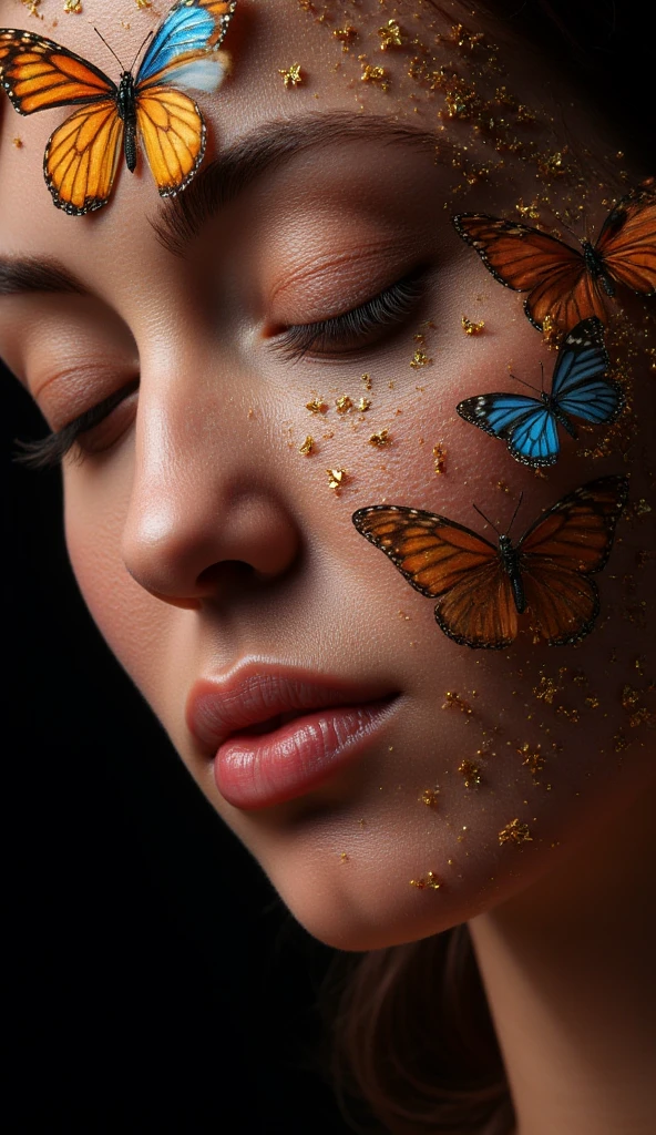 A full-body shot of a very Norway beautiful woman smile, hyperdetailed faces, rendered in the ultra-detailed style of fractal art, now infused with the enchanting touch of Benjamin Lacombe. The mesmerizing and colorful display captures her in meticulous detail, from the delicate lace adorning her attire to the elegant jewelry enhancing her beauty. Surrounding her are blooming black flowers, their dark elegance contrasting vibrantly with the scene. Intricate golden butterflies flutter gracefully around, adding a whimsical yet harmonious element to this visually stunning composition, masterpiece, UHD, 18K