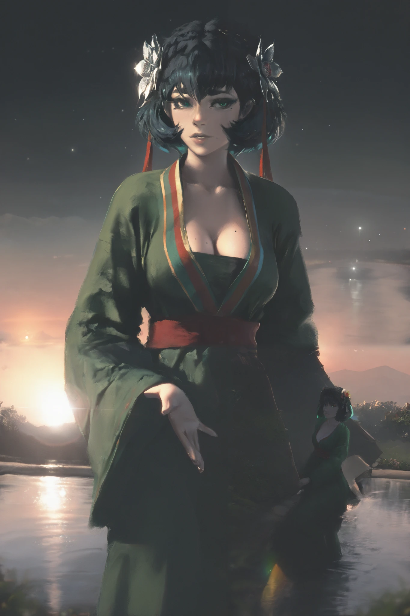 HDR, 8K, high contrast, masterpiece, best quality, amazing quality, very aesthetic, anime artstyle, realistic, hentai art, newest, (artist:incase:0.5), (artist:tsuaii:0.5) ,
BREAK
shiej007, bounce light, hyperdetailed, detailed hair strands, detailed fibers,
portrait, masterpiece, semi-realism,painterly, vivid colors,
volumetric lighting, holographic colors, cute, gradient colors, dark background, masterpiece, best quality, amazing quality, very aesthetic, absurdres, newest, volumetric lighting,1girl, girl, background, masterpiece, best quality, very awa, absurdres, (EyesHD:1.2), (4k,8k,Ultra HD), BREAK ambient occlusion, raytracing, soft lighting, blum effect, masterpiece, absolutely eye-catching, particles, glow, shining, intricate cinematic background, (beautiful face), looking seductive, coy. dynamic action image, detailed face, detailed eyes, direct mesmerizing gaze, BREAK hair ornament, looking at viewer, cleavage, medium breasts, mole on breast, BREAK masterpiece, amazing quality, best quality, ultra-detailed, 8K, illustrating, CG, clear skin, ultra-detailed-eyes, detailed background, cute girl, eyelashes BREAK Kikimora, thighhigh scales, floppy ears, feathered forearms BREAK (aodai, aodai, (vietnamese traditional costume,)), elegant, flower, sunset, lens flare, (Vietnam clothes, Vietnam style), river, reflection, blurry foreground,
