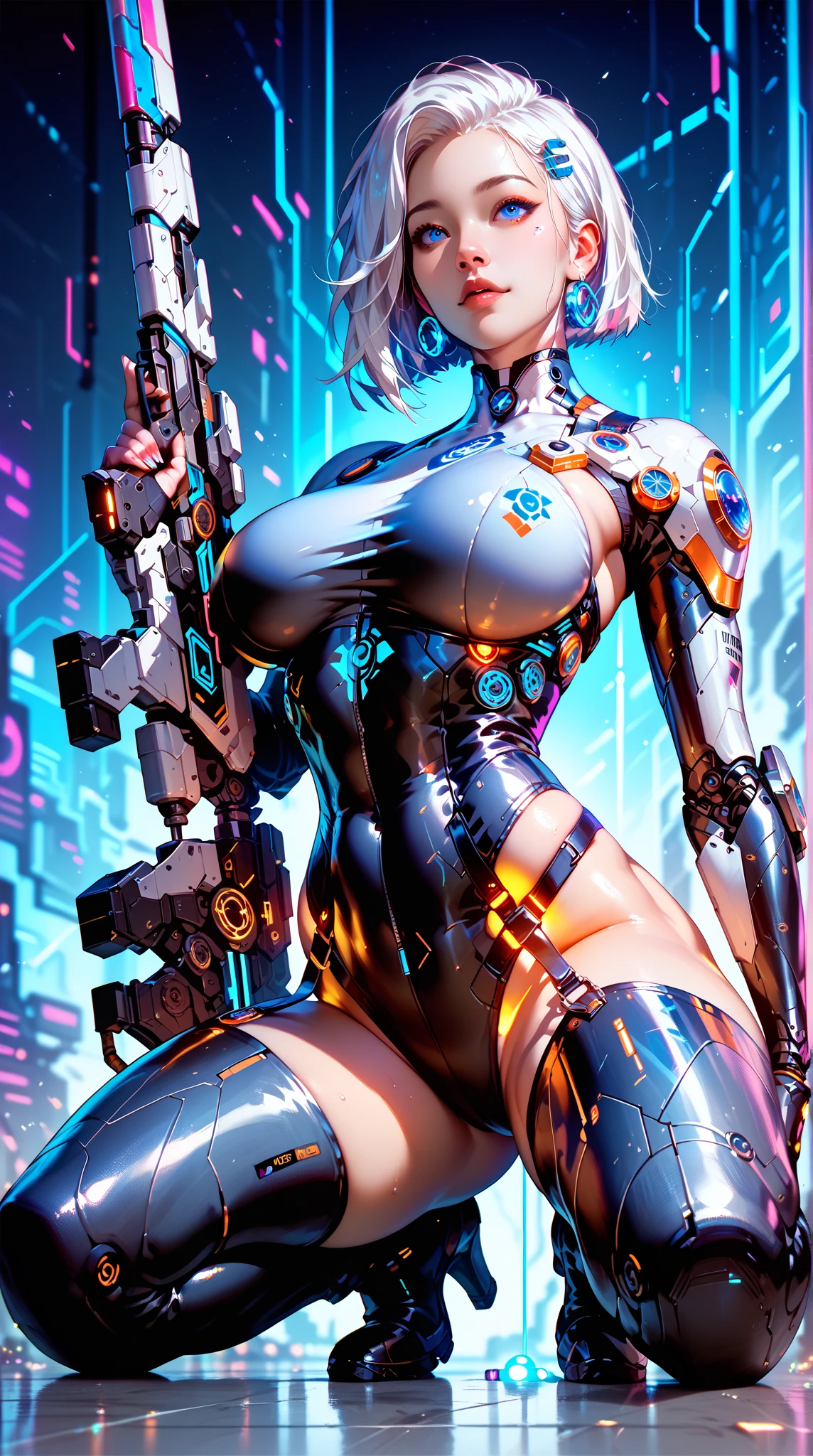 16K quality、Cinema Lighting,Highly detailed skin、Beautiful quality with attention to detail,High resolution、Perfect Anatomy,(cyber punk、Exchange、Dim color, Calm tone:1.3)Girl Soldier On The Battlefield,(Beautiful features down to the last detail.、blue eyes、Cleavage:1.3)Blue Hair、Sexy battle suit、with a gun in hand(Pose with one hand raised:1.2)desert garrison、spark、An explosion occurred from the ground,ghost in the Shell