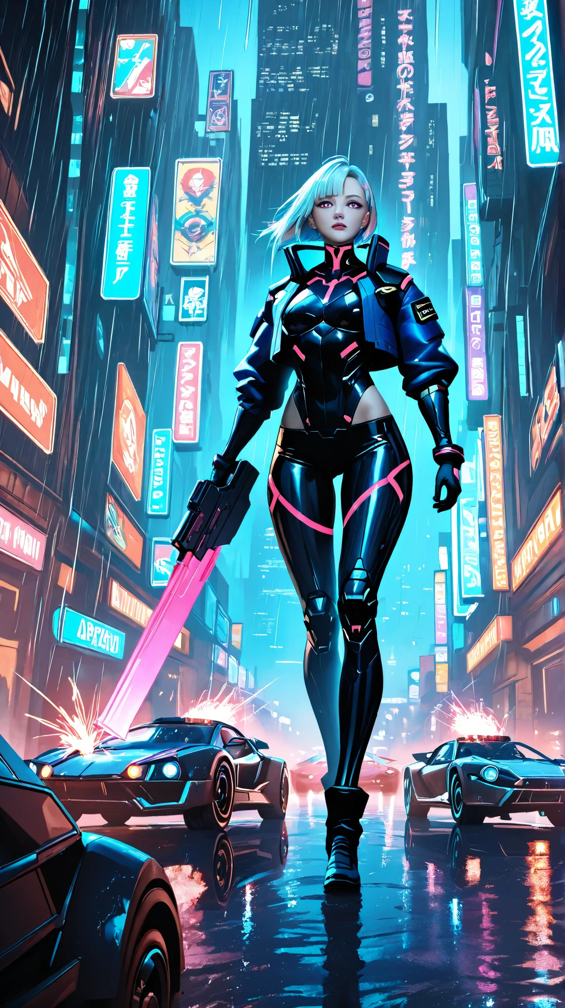 A breathtaking sci-fi digital painting of a brave young man heroically rescuing a stunning woman from a group of cybernetic attackers. The man, wearing futuristic armor with glowing neon accents, wields an advanced energy weapon, standing protectively in front of the woman. She, dressed in a sleek high-tech outfit, gazes at him with a mix of fear and admiration. The battle takes place in a neon-lit cyberpunk city, with towering holograms, flying vehicles, and rain-soaked streets reflecting vibrant lights. The atmosphere is intense, with sparks flying, dramatic lighting, and a cinematic sci-fi action fee