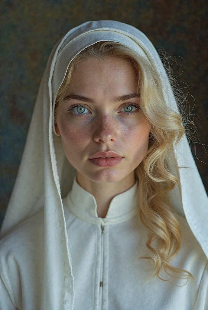 Pure blond straight hair, (long hair) (((straight hair))), Detailed hair, Blue Eyes, beautiful eyes, light on the face, pale skin, a 50 year old woman, nun,