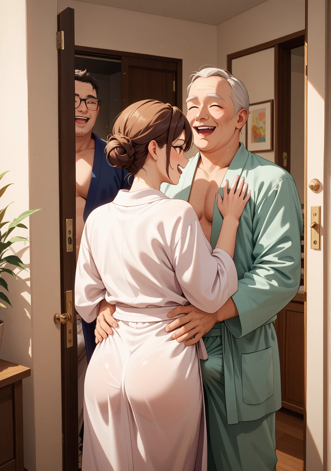 ((highest quality)), ((masterpiece)), (detailed), (Perfect Face)、The woman is Haruhi Suzumiya, with short brown hair, a gorgeous engagement ring, and is the wife of a 70-year-old man.、(The woman is naked and is hugging and kissing a naked 70-year-old man on a bed in a bedroom)、(A 70-year-old man is naked and hugs a woman, kissing her and caressing her body with his big dick and testicles)、A woman and a 70-year-old man are a naked couple