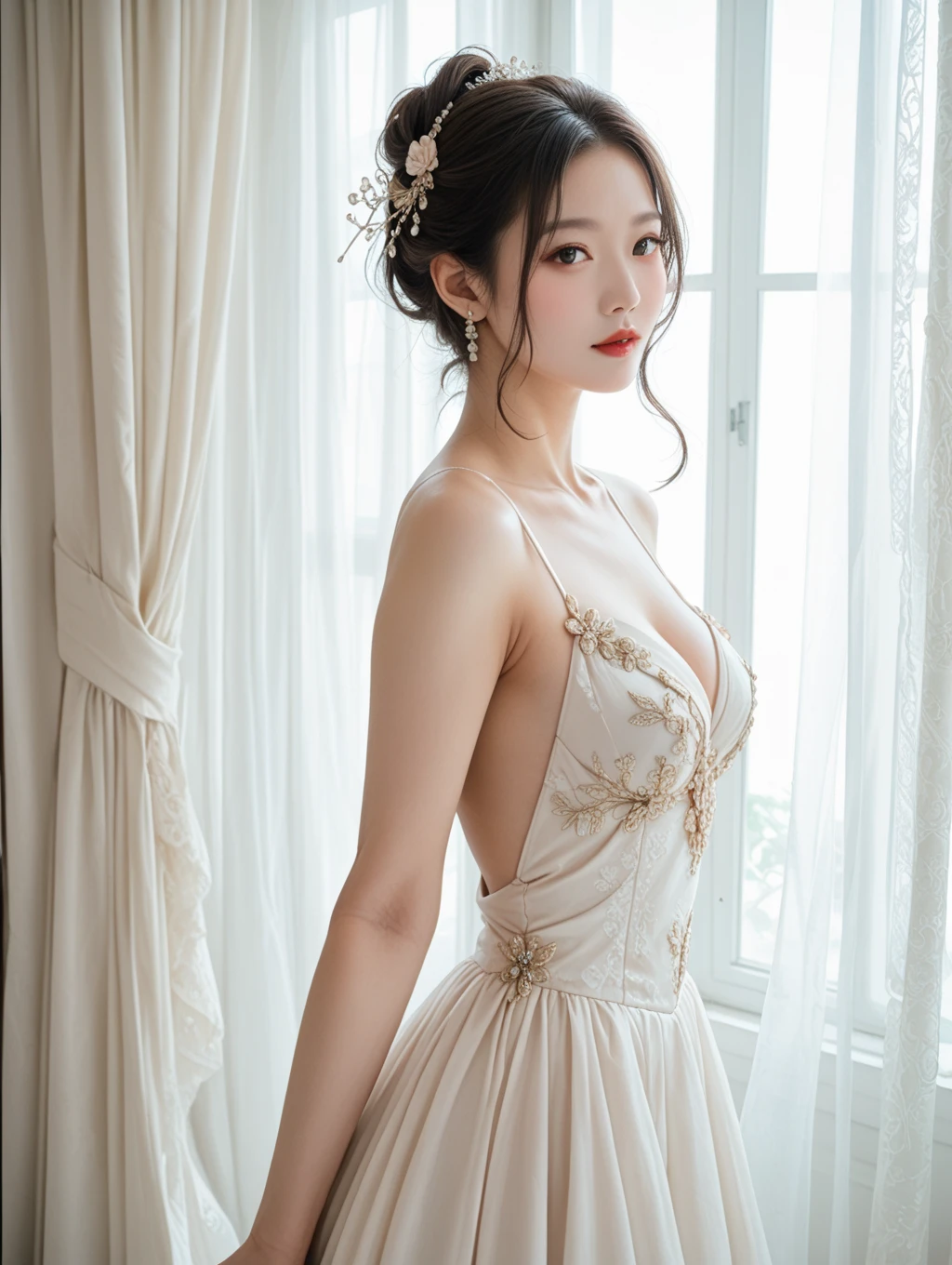 8k、 (A bold and sexy outfit made of shiny silk), Enchanting Girl, Very detailed,Audrey Hepburn, Exquisite decorative details 、Pastel tones 、 Very intricate details 、 Realistic Light,Luxury Bridal Dress,sideboob、（Wearing glasses）、From the side