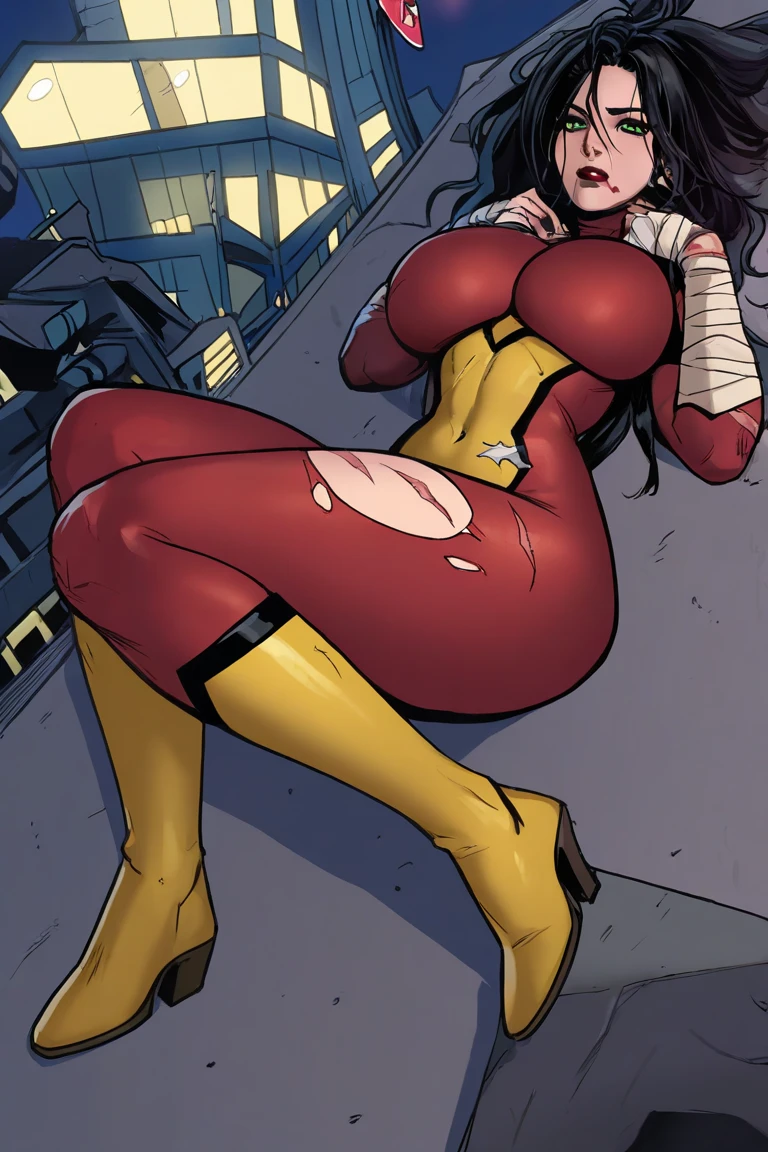 Masterpiece, Best quality, Ultra-detailed, ultra high resolution, Jessica_Drew_Love the Waifu, Heroic pose, gigantic cleavage breasts, Blindfolds, White eyes, Teach latex clothing, Stand in a corner of the roof,taking selfies with their mobile phone, Red and gold clothing, during night, Rooftop, new york city, during night, Masterpiece, Professional illustration, tight costume, tight attire, huge tit, Buttock augmentation, Cocked buttocks, Fat buttocks, Wide hips, Fitness model