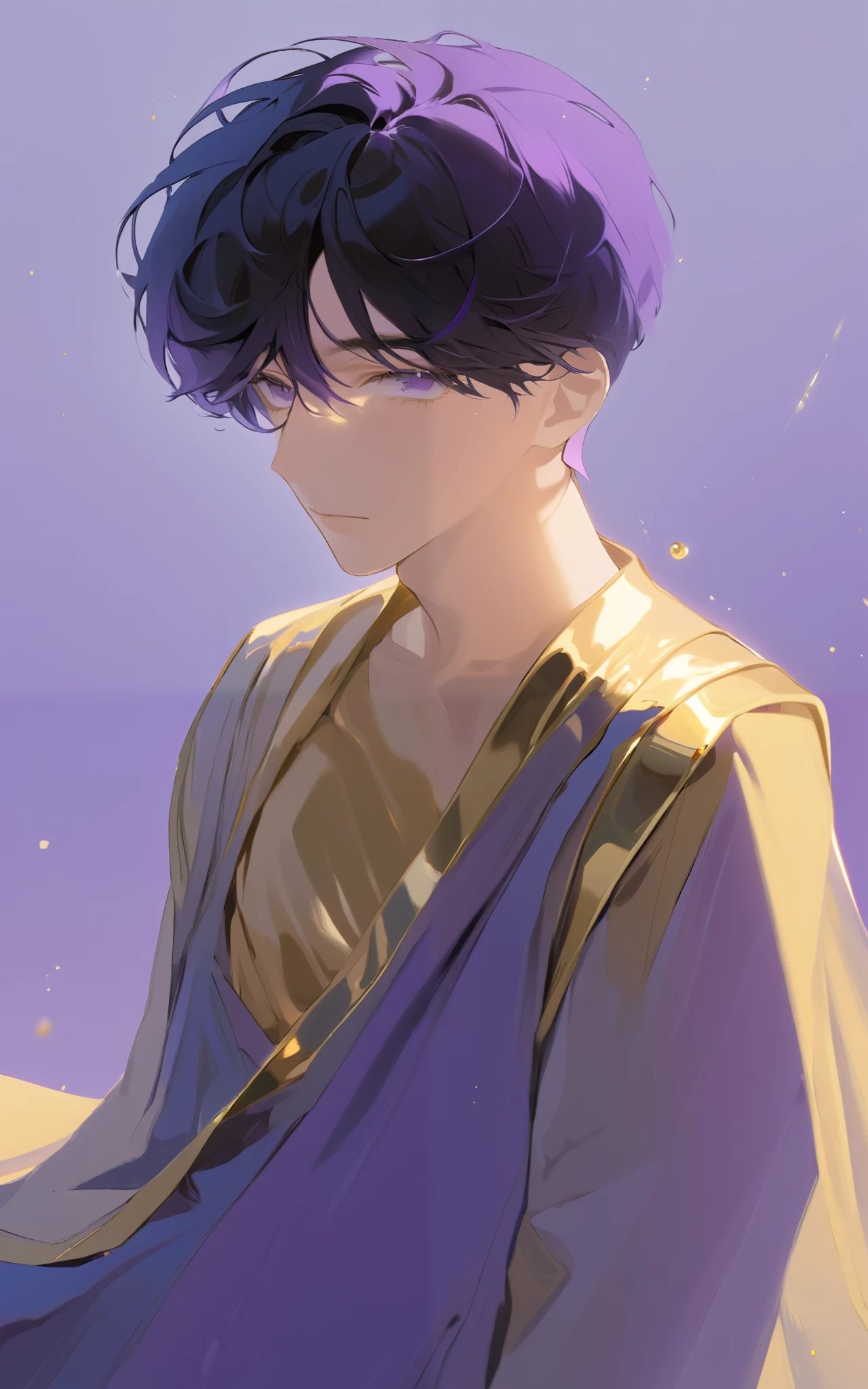 (masterpiece,Highest quality, narrower _ exhaustive,Hi-Res,Absard Dress:1.2), golden purple color,(oil \(medium\):1.1), 1 boy in low p, Alone, black hair, looking towards the viewer, gray eyes, short hair, blue eyes, floating hair, upper body、 neutral