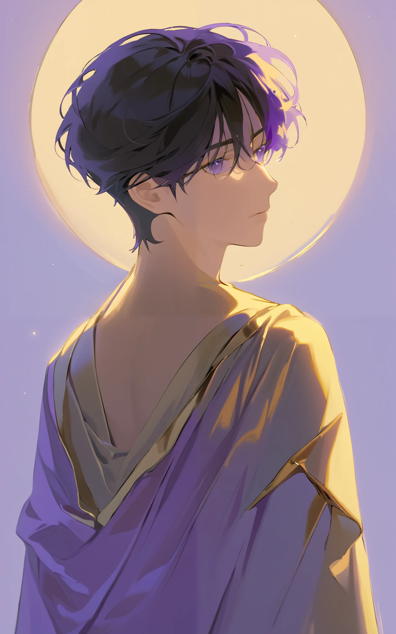 (masterpiece,Highest quality, narrower _ exhaustive,Hi-Res,Absard Dress:1.2), golden purple color,(oil \(medium\):1.1), 1 boy in low p, Alone, black hair, watching viewers, gray eyes, short hair, blue eyes, floating hair, upper body、 neutral