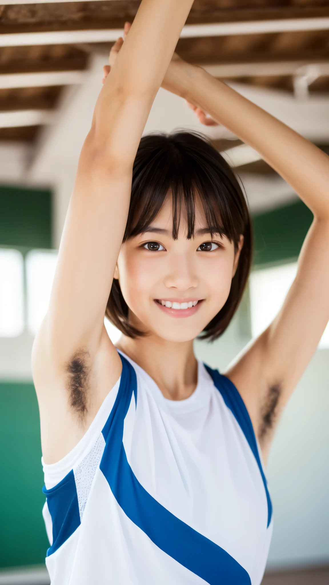 ( one girl:1.3), short hair, raise your hand , Floor Along Armpit Hair:1.5, has amazing faces and eyes , looking at the camera , Smile of joy、 The classroom is very small :1.5, big round eyes:1.5、droopy eyes:1.5, athletic stadium, athletic stadiumで手を挙げて, 脇のDownを見せて:1.5, Floor Along Armpit Hairを見せて:1.5, , (sportswear :1.2), ( Highest quality :1.4), highly detailed CG integrated 8K wallpaper, High Resolution RAW Color Pictures , professional photo shoot, Plain Wallpaper, Open exterior, ( view in viewer :1.0), (Down :1.0)