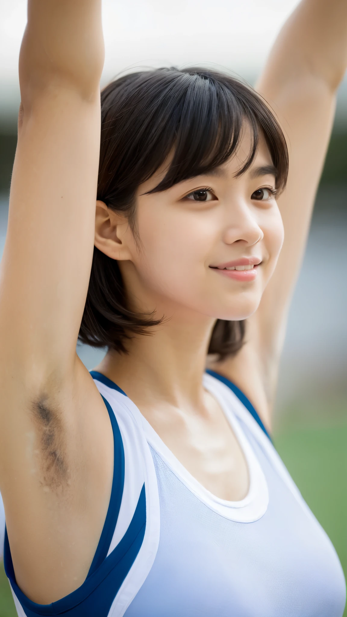 ( one girl:1.3), short hair, raise your hand , Floor Along Armpit Hair:1.5, has amazing faces and eyes , looking at the camera , Smile of joy、 The classroom is very small :1.5, big round eyes:1.5、droopy eyes:1.5, athletic stadium, athletic stadiumで手を挙げて, 脇のDownを見せて:1.5, Floor Along Armpit Hairを見せて:1.5, , (sportswear :1.2), ( Highest quality :1.4), highly detailed CG integrated 8K wallpaper, High Resolution RAW Color Pictures , professional photo shoot, Plain Wallpaper, Open exterior, ( view in viewer :1.0), (Down :1.0)
