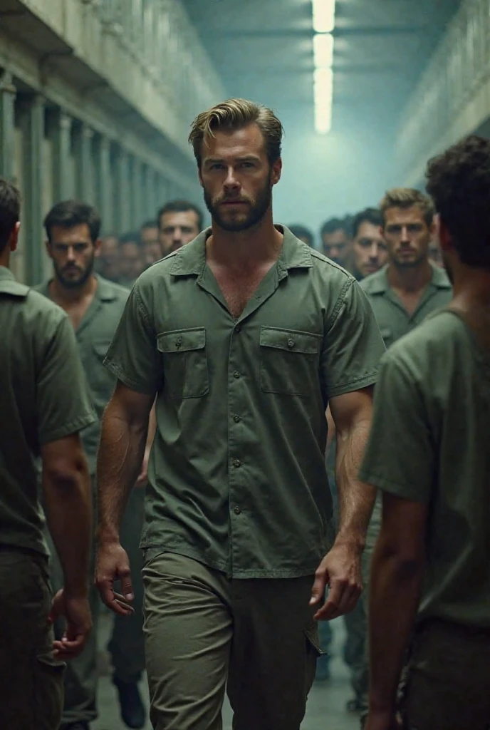 Ryan gosling open his Shirt off in front of many guys. He just walk through them. He just wore the Army jacket with no Shirt inside. He got attention. He smile and proud