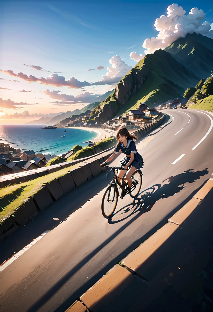 High writing precision, no crushed frames, high precision in the finish of each and every frame, Makoto Shinkai art style, a high school girl in a sailor uniform riding a bicycle up a hill, a summer afternoon, a slope in a port town, the sea is visible, smoke rising beyond the distant mountains, cumulonimbus clouds on a summer day, manga style screen composition, speech bubbles with text, manga with text in Japanese only.