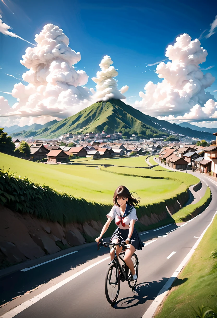 High writing precision, no crushed frames, high precision in the finish of each and every frame, Makoto Shinkai art style, a high school girl in a sailor uniform riding a bicycle up a hill, a summer afternoon, a slope in a port town, the sea is visible, smoke rising beyond the distant mountains, cumulonimbus clouds on a summer day, manga style screen composition, speech bubbles with text, manga with text in Japanese only.