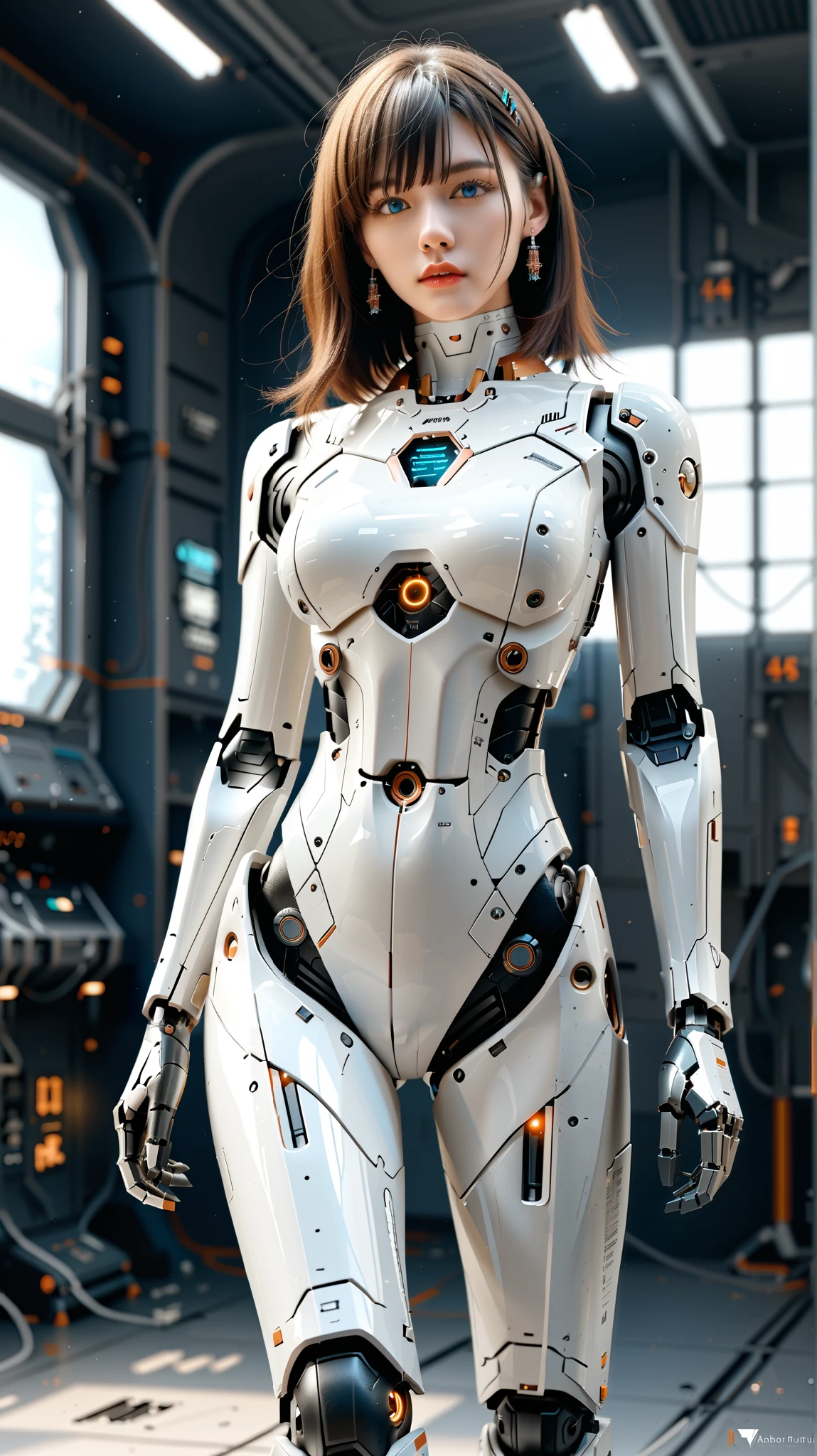 (((masterpiece))), (realism, realism texture, (science fiction, distant future), (top Quality, High Quality, top resolution, high resolution, (ultra detailed, high detailed))), (beautiful robot girl:1.4), (she is incredible machine:1.3), (beautiful face), (thin lips, wide mouth), blue lighting eyes, (robot armor:1.2), machine frame,, (steel knee-high greaves, (mechanical hands)), ((robot joint), (robot neck joint:1.4)), ((machine parts, electronic component, complete parts:1.4), straight hair, Expressionless face, (cowboy shot:1.5), (closed mouth), (abandoned laboratory), looking at viewer