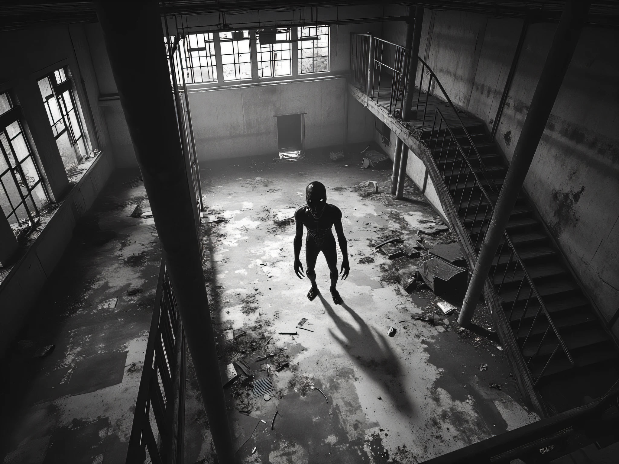 interior of an abandoned building in monochrome and low quality cctv footage of a horror scenario