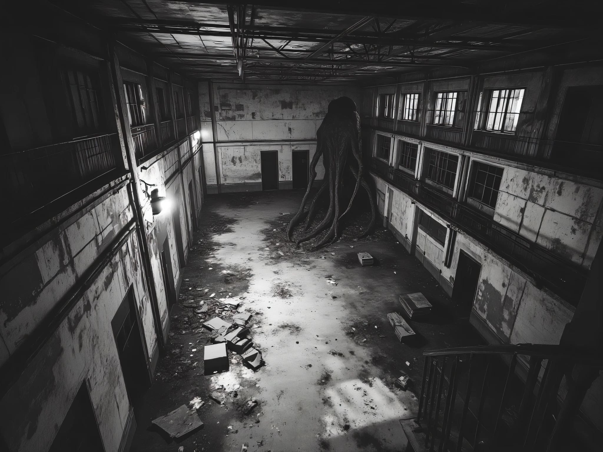interior of an abandoned building in monochrome and low quality cctv footage of a horror scenario