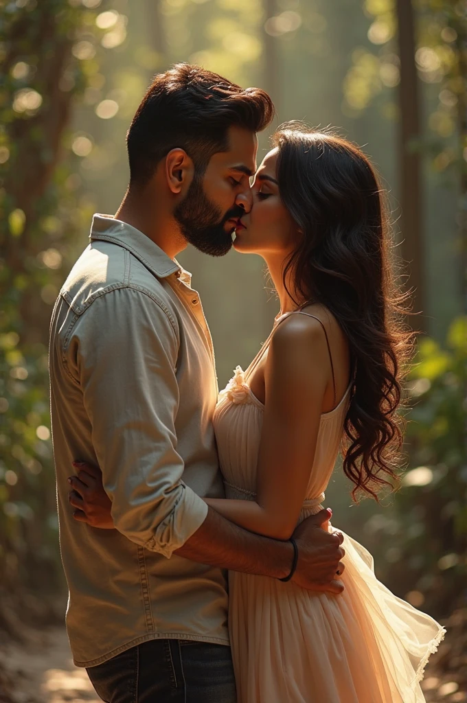 An Indian girl kissing his boyfriend in a beautiful natural landscape