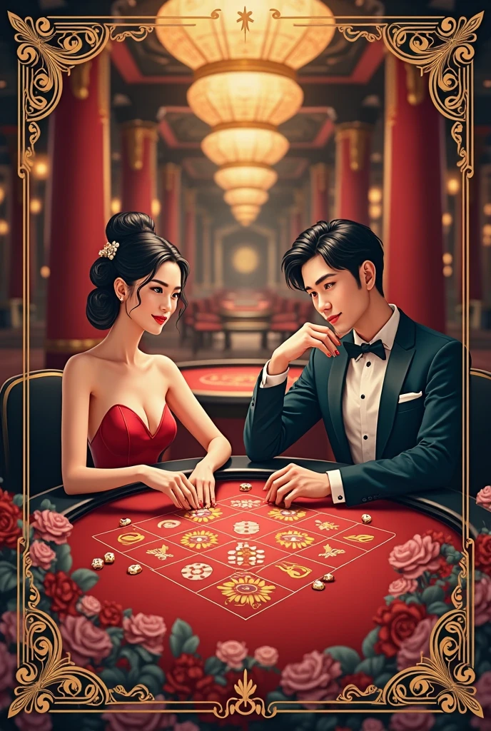 man and woman both playing mahjong in the slot machine and one of them si winning jackpot, feeling happy, there are so many black dragons watching them