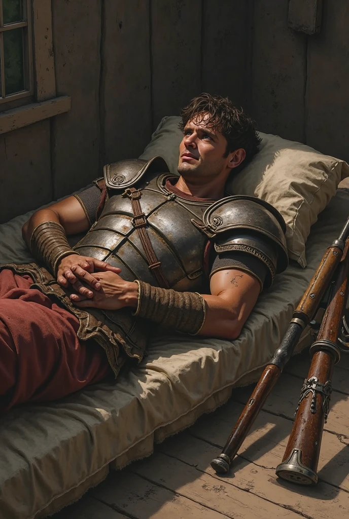 Photo-realistic. A pleased, 16-year-old, handsome, muscular Caucasian man with fade-cut, brown hair, and blue eyes, wearing shabby, sleeveless, leather armor, with metal shoulder guards, boasting, as he tells a dramatic story to a 15-year-old, lean, Caucasian peasant man, with short, brown hair, and blue eyes, in a blue and green tunic, listening in wonder, sitting next to each other on a simple bed, in a rustic inn room, at night.