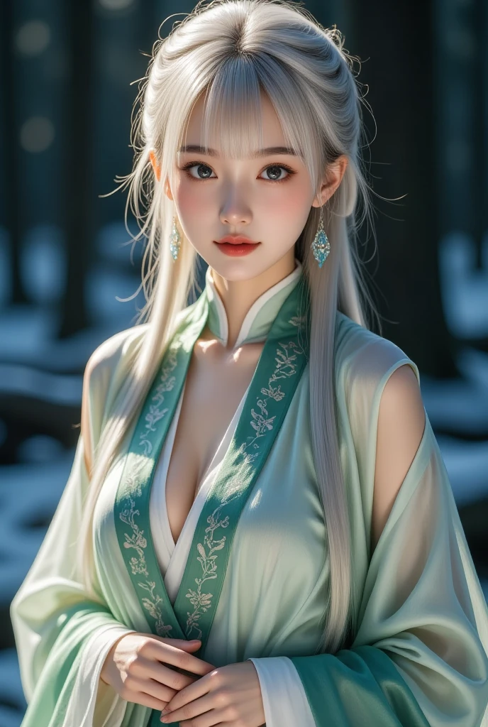 1girl,(((mature female))),chinese style, ancient china, sister,plum blossoms,((Green walls)),alling flower petals,(upper body, half body shot, caring), front shot, {best quality}, {{masterpiece}}, extremely detailed 8K wallpaper, {an extremely delicate and beautiful}, colorful, intricately detailed, Realistic, real, camera quality, (detailed depiction of clothes), cool white skin, (detailed depiction of blush), 1080p, sun, smooth light white hair,bright and silky skin ,super fine illustration, beautiful eyes, very fine light, fine glow, Hanfu,ru_qun,(closeup cleavage),